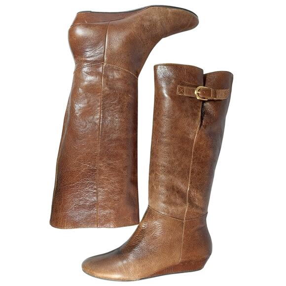 STEVE MADDEN! PECAN BROWN WEATHERED LOOK GENUINE LEATHER WEDGE HEELS BOOTS!SZ 8M - Picture 6 of 12